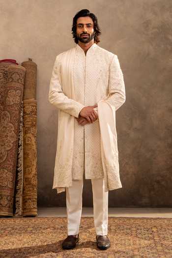 Buy_Millionaire_Ivory Viscose, Polyester, Satin Zari, Embroidery Tonal Sherwani Set _at_Aza_Fashions