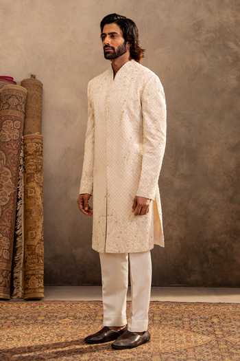 Shop_Millionaire_Ivory Viscose, Polyester, Satin Zari, Embroidery Tonal Sherwani Set _Online_at_Aza_Fashions