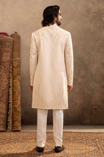Shop_Millionaire_Ivory Viscose, Polyester, Satin Zari, Embroidery Tonal Sherwani Set _at_Aza_Fashions