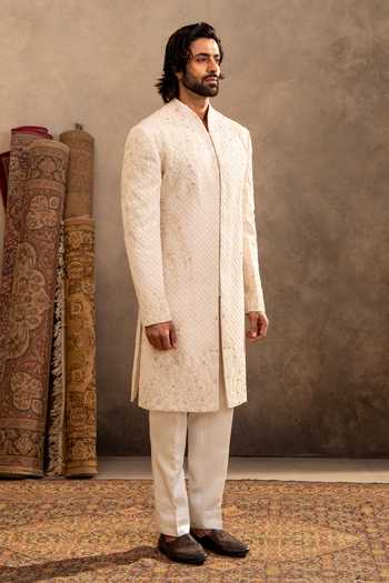Millionaire_Ivory Viscose, Polyester, Satin Zari, Embroidery Tonal Sherwani Set _at_Aza_Fashions