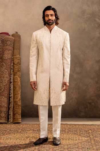 Buy_Millionaire_Ivory Viscose, Polyester, Satin Zari, Embroidery Tonal Sherwani Set 