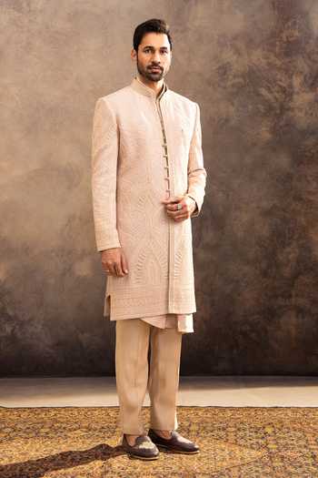Millionaire_Rose Gold Silk Embroidery Tonal Sherwani Set _at_Aza_Fashions