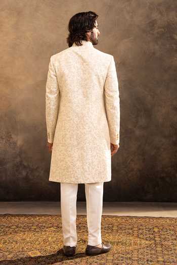 Shop_Millionaire_Cream Silk Embroidery Tonal Raw Sherwani Set _at_Aza_Fashions