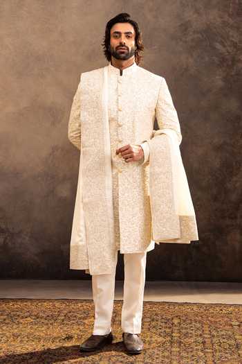 Buy_Millionaire_Cream Silk Embroidery Tonal Raw Sherwani Set _at_Aza_Fashions