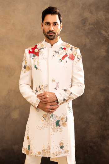Buy_Millionaire_Off White Viscose, Polyester Embroidery, Zari, Sherwani Jacket And Pyjama Set _Online_at_Aza_Fashions