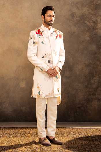 Millionaire_Off White Viscose, Polyester Embroidery, Zari, Sherwani Jacket And Pyjama Set _at_Aza_Fashions