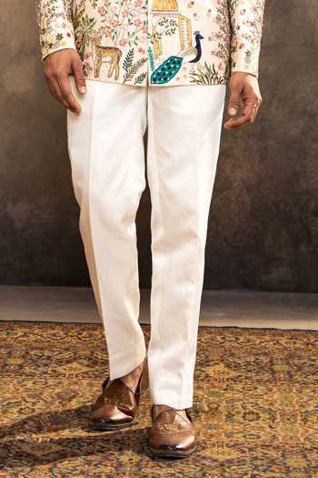 Millionaire_White Silk Embroidery Raw Bandhgala And Trouser Set _Online_at_Aza_Fashions