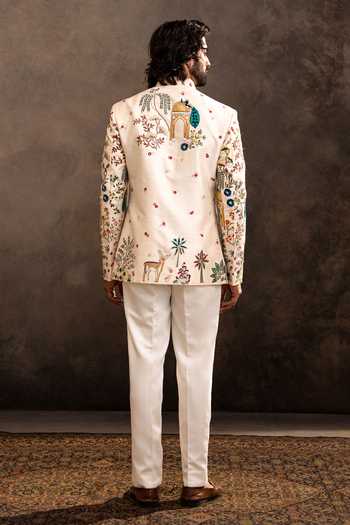 Shop_Millionaire_White Silk Embroidery Raw Bandhgala And Trouser Set _at_Aza_Fashions