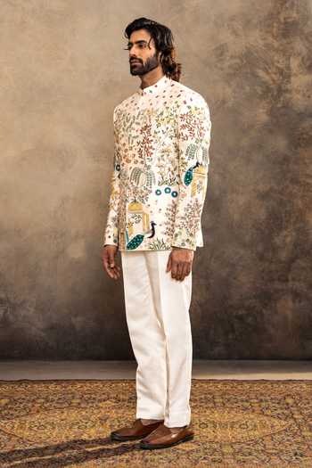 Buy_Millionaire_White Silk Embroidery Raw Bandhgala And Trouser Set _Online_at_Aza_Fashions