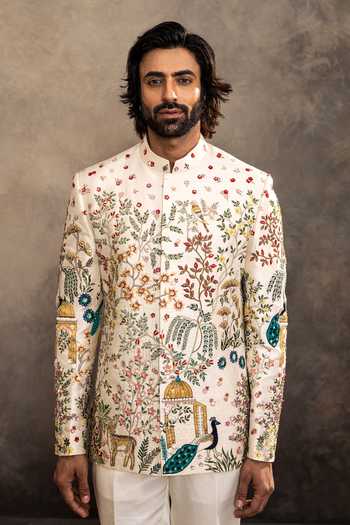Millionaire_White Silk Embroidery Raw Bandhgala And Trouser Set _at_Aza_Fashions