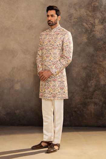 Millionaire_Cream Silk Flower Embroidered Raw Sherwani Set _Online_at_Aza_Fashions