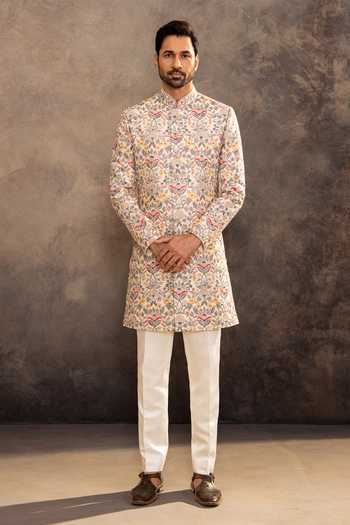 Buy_Millionaire_Cream Silk Flower Embroidered Raw Sherwani Set _at_Aza_Fashions