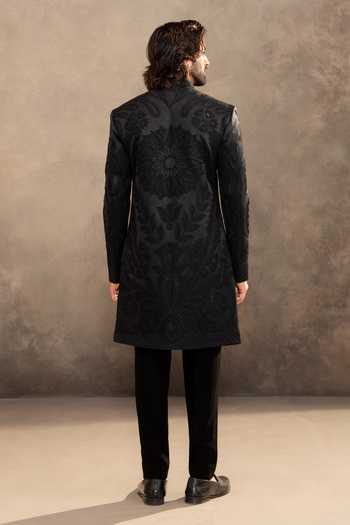 Shop_Millionaire_Black Satin Embroidery Tonal Sherwani Jacket And Pyjama Set _at_Aza_Fashions