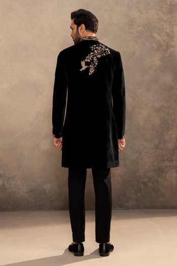 Shop_Millionaire_Black Velvet Embroidery, Zari Sherwani And Pyjama Set _at_Aza_Fashions