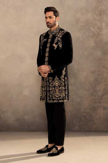 Millionaire_Black Velvet Embroidery, Zari Sherwani And Pyjama Set _Online_at_Aza_Fashions