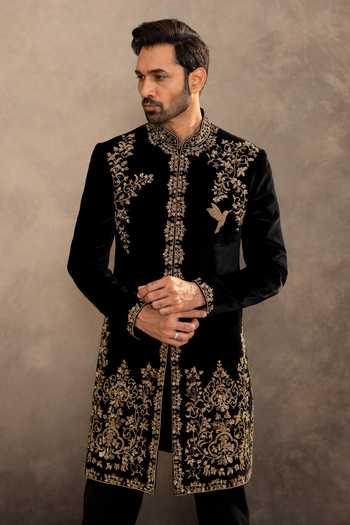 Shop_Millionaire_Black Velvet Embroidery, Zari Sherwani And Pyjama Set _Online_at_Aza_Fashions