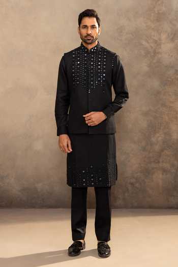 Buy_Millionaire_Black Satin, Linen Mirrors Embellished Koti Jacket Kurta Set _at_Aza_Fashions