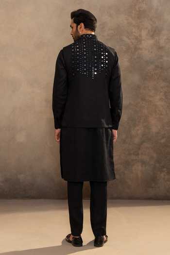 Shop_Millionaire_Black Satin, Linen Mirrors Embellished Koti Jacket Kurta Set _at_Aza_Fashions