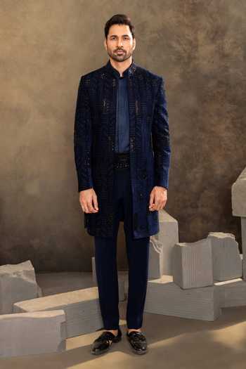 Buy_Millionaire_Blue Satin, Velvet Sequins Embroidered Sherwani Set _at_Aza_Fashions