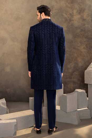 Shop_Millionaire_Blue Satin, Velvet Sequins Embroidered Sherwani Set _at_Aza_Fashions