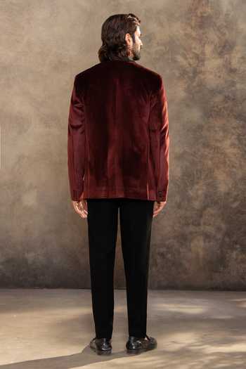 Shop_Millionaire_Maroon Suede Sequins Tonal Embroidered Suit And Pant Set _at_Aza_Fashions