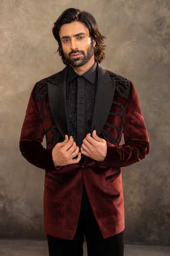 Buy_Millionaire_Maroon Suede Sequins Tonal Embroidered Suit And Pant Set _Online_at_Aza_Fashions