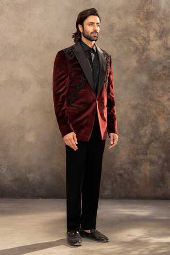 Shop_Millionaire_Maroon Suede Sequins Tonal Embroidered Suit And Pant Set _Online_at_Aza_Fashions