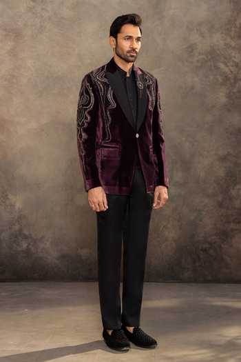 Buy_Millionaire_Purple Suede Embroidery, Sequins Suit And Pant Set _Online_at_Aza_Fashions
