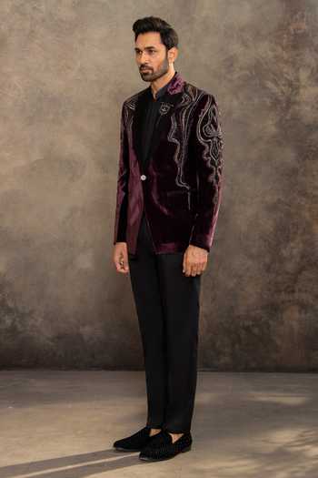 Shop_Millionaire_Purple Suede Embroidery, Sequins Suit And Pant Set _Online_at_Aza_Fashions