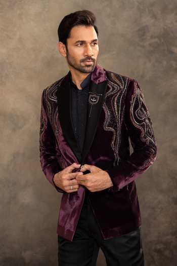 Millionaire_Purple Suede Embroidery, Sequins Suit And Pant Set _at_Aza_Fashions
