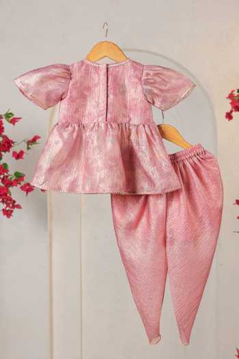 Shop_Casa Ninos_Pink Tissue Zari Peplum Tunic And Dhoti Pant Set _at_Aza_Fashions