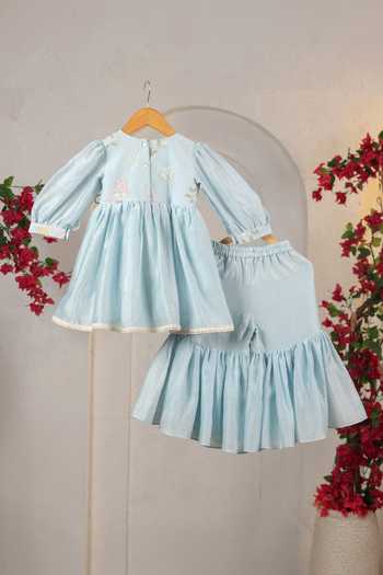 Shop_Casa Ninos_Sky Blue Chanderi Embroidery Tunic And Pant Set _at_Aza_Fashions