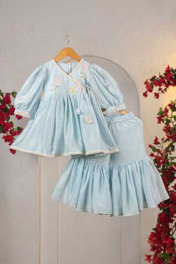 Buy_Casa Ninos_Sky Blue Chanderi Embroidery Tunic And Pant Set _at_Aza_Fashions