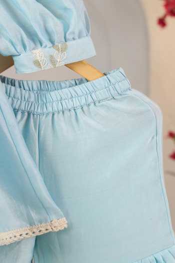 Casa Ninos_Sky Blue Chanderi Embroidery Tunic And Pant Set _at_Aza_Fashions