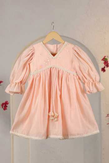 Buy_Casa Ninos_Peach Chanderi Tassels, Pearls Dress _at_Aza_Fashions