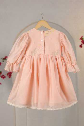 Shop_Casa Ninos_Peach Chanderi Tassels, Pearls Dress _at_Aza_Fashions