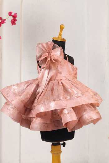 Casa Ninos_Peach Organza Floral Applique Dress _Online_at_Aza_Fashions