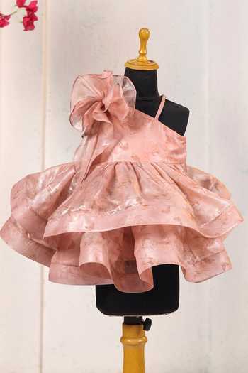 Buy_Casa Ninos_Peach Organza Floral Applique Dress _Online_at_Aza_Fashions