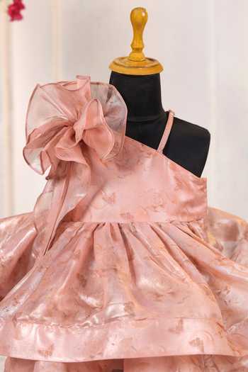 Casa Ninos_Peach Organza Floral Applique Dress _at_Aza_Fashions