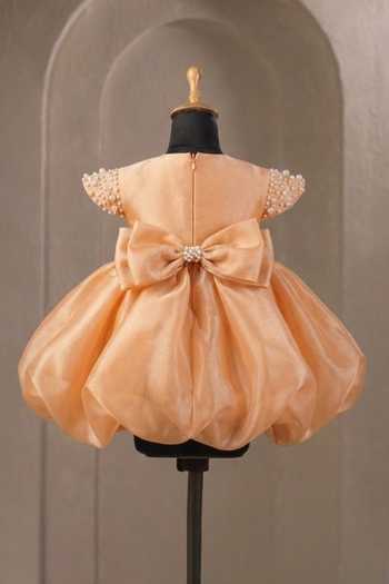 Shop_Casa Ninos_Yellow Organza Pearls Puff Sleeve Flared Dress _at_Aza_Fashions