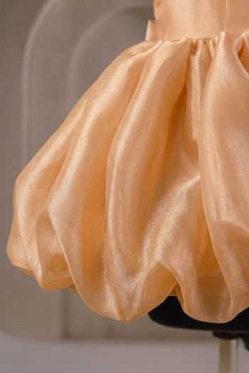 Casa Ninos_Yellow Organza Pearls Puff Sleeve Flared Dress _Online_at_Aza_Fashions