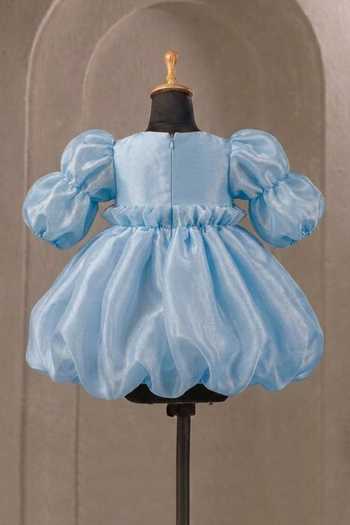 Shop_Casa Ninos_Blue Organza Puff Sleeve Balloon Hem Dress _at_Aza_Fashions