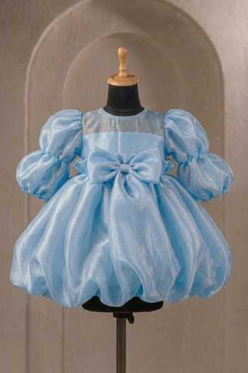 Buy_Casa Ninos_Blue Organza Puff Sleeve Balloon Hem Dress _at_Aza_Fashions