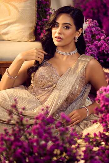Buy_Aariyana Couture_Gold Silk, Net Embroidery, Stones Pre-draped Saree With Handwork Corset 