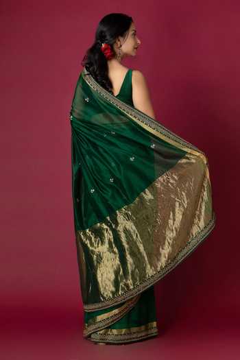 Shop_Monika Mathuria Datta_Green Silk Embroidery, Zari Hand Saree _at_Aza_Fashions