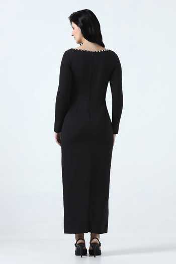 Shop_Pooja Peshoria_Black Knit Crystals Square Neck Neckline Embellished Dress _at_Aza_Fashions