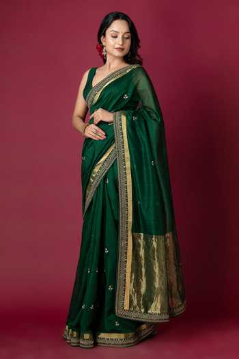 Buy_Monika Mathuria Datta_Green Silk Embroidery, Zari Hand Saree 