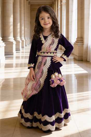 Buy_FAYON KIDS_Gold Velvet, Organza Lace, Tassels, Zari, Lehenga Set With Printed Dupatta _at_Aza_Fashions