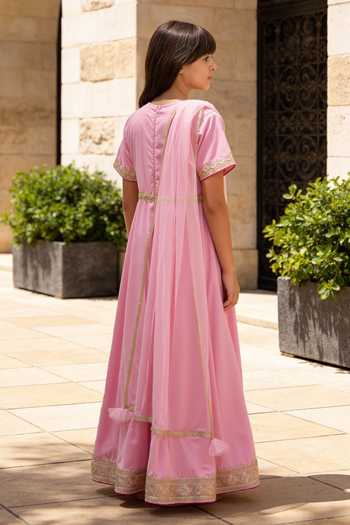 Shop_FAYON KIDS_Pink Velvet, Net Embroidery, Zari, Tassels Anarkali And Dupatta Set _at_Aza_Fashions