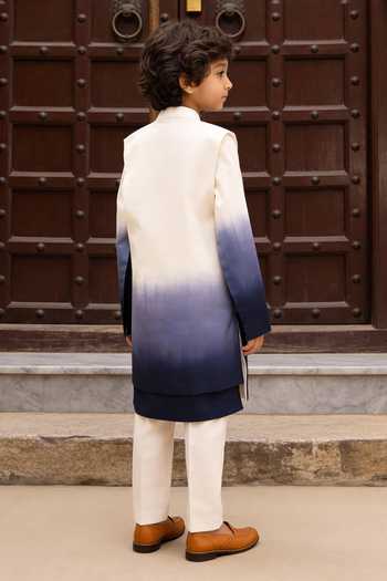 Shop_FAYON KIDS_Blue Cotton Embroidery, Zari Ombre Nehru Jacket Set _at_Aza_Fashions